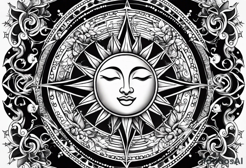 Sun and moon sternum swirls and dots and stars tattoo idea