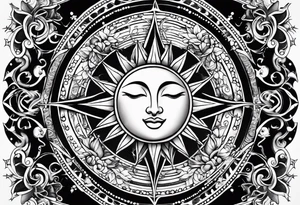 Sun and moon sternum swirls and dots and stars tattoo idea