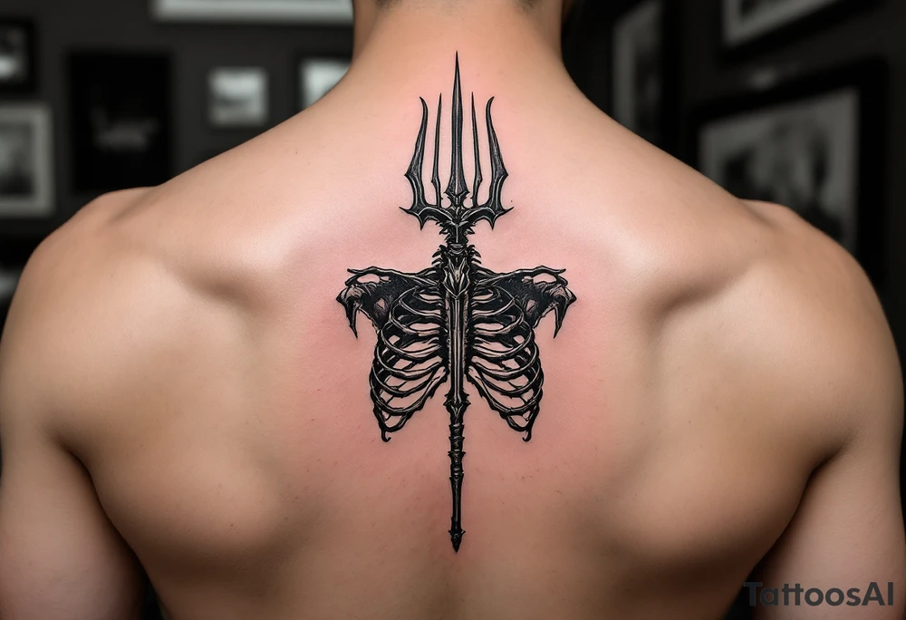 skeleton behind trident tattoo idea