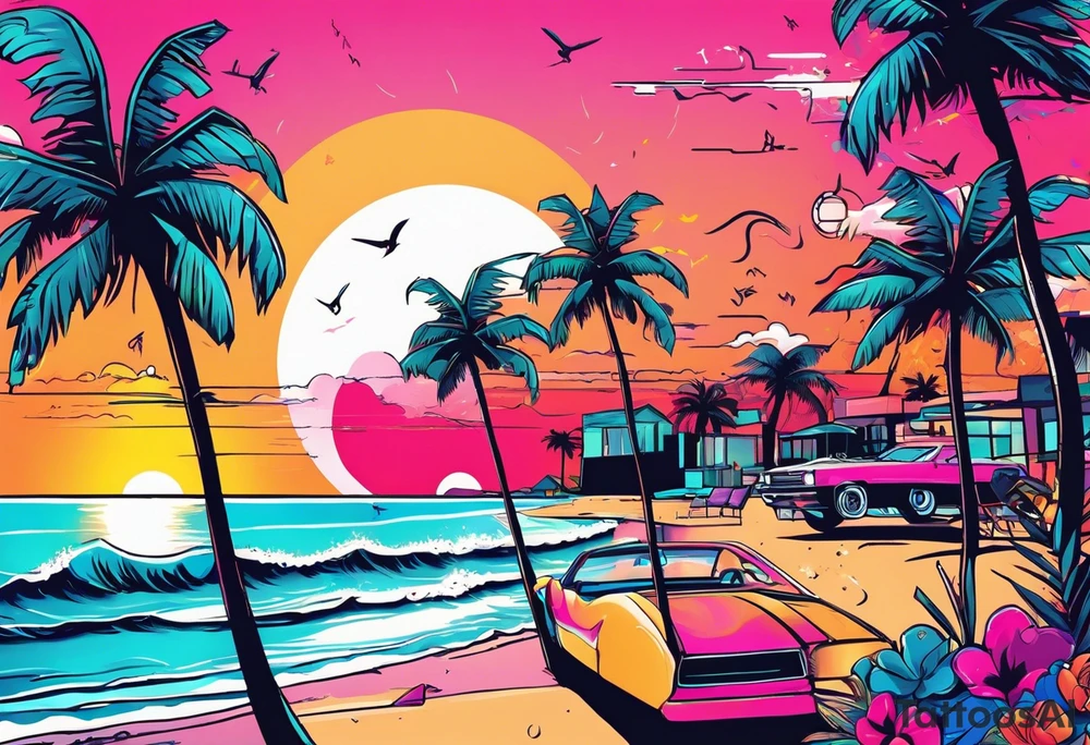 1980's miami vice style beach dance 
party, include confetti, music notes, boom box, bikinis sunset in the center tattoo idea