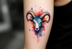 A watercolor-style Aries constellation blends shades of crimson, gold, and indigo to reflect the zodiac's passionate energy. tattoo idea