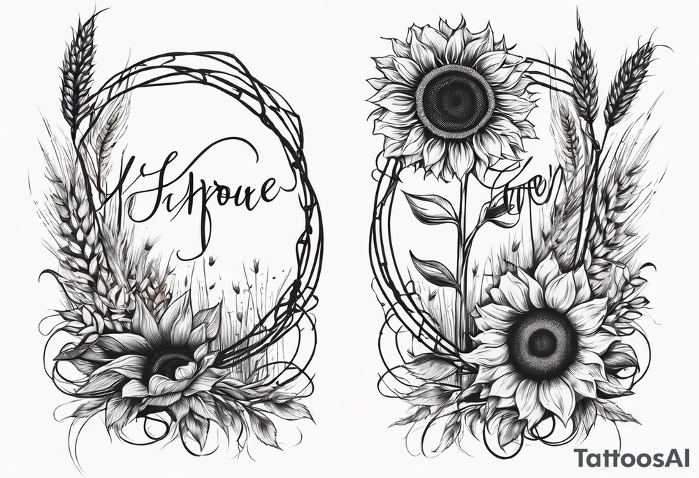 Sunflower, wheat, and barbed wire half sleeve tattoo idea