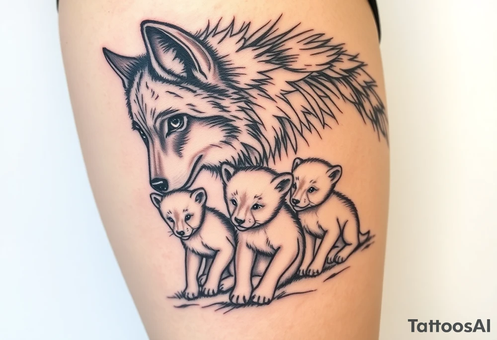 Something to do with a wolf amd 2 cubs 
Mother cub is beaten but on way to recovery whilst baby cubs are in pristine condition happy and not noticing how bad mother wolf is tattoo idea