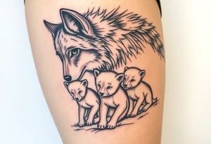 Something to do with a wolf amd 2 cubs 
Mother cub is beaten but on way to recovery whilst baby cubs are in pristine condition happy and not noticing how bad mother wolf is tattoo idea