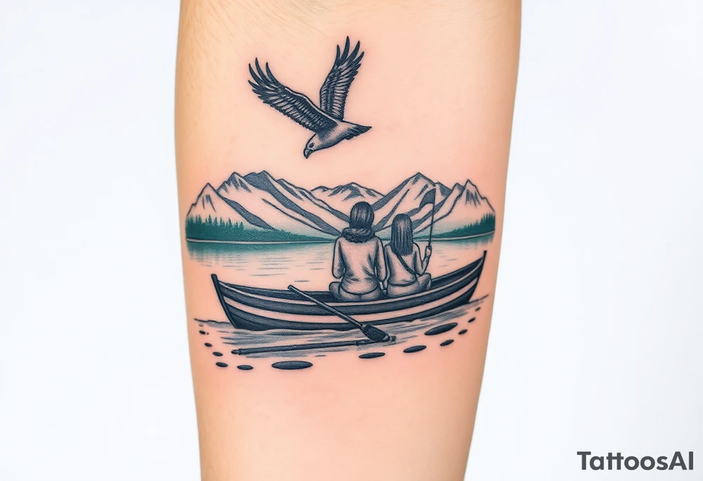 Northern scenic river with fishing boat with two with eagle flying in the sky and women and girl sitting on doc back facing tattoo idea