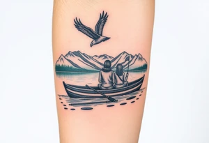 Northern scenic river with fishing boat with two with eagle flying in the sky and women and girl sitting on doc back facing tattoo idea