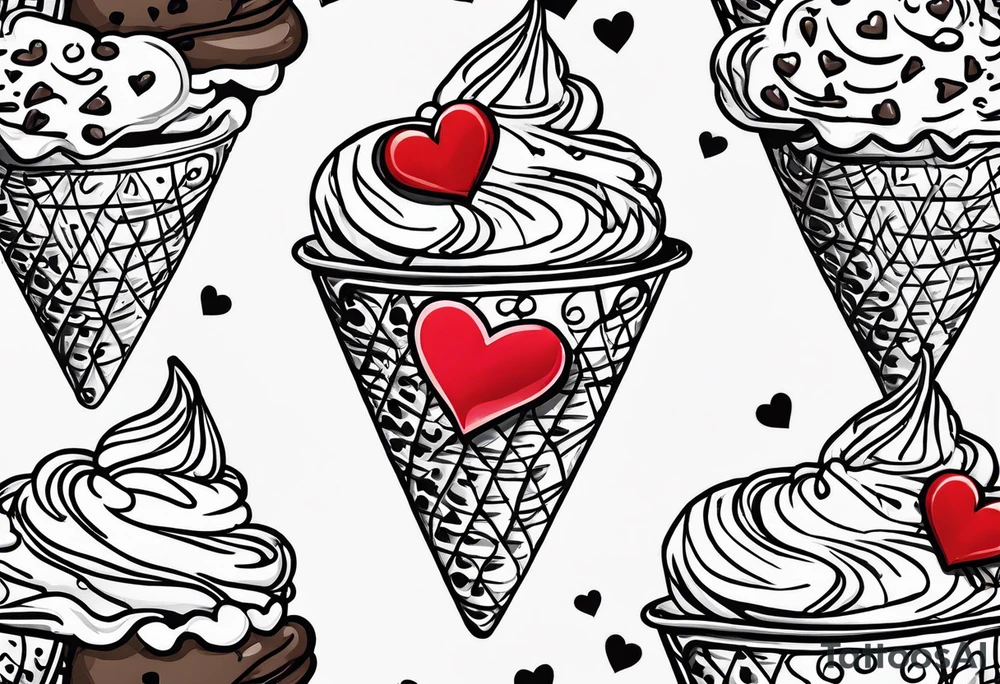 sketch chocolate chip ice cream cone with one red heart tattoo idea
