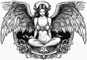 angel girl kneeling inside the symbol of satan vector with face looking down wings wide open. tattoo idea
