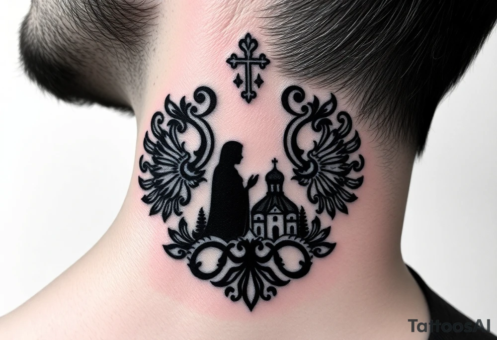 Traditional authentic Russian coat of arms with a Christian orthodox virgin marry in the middle and silhouette in a Russian wilderness Christian orthodoxy dome church village setting on the side of my neck tattoo idea