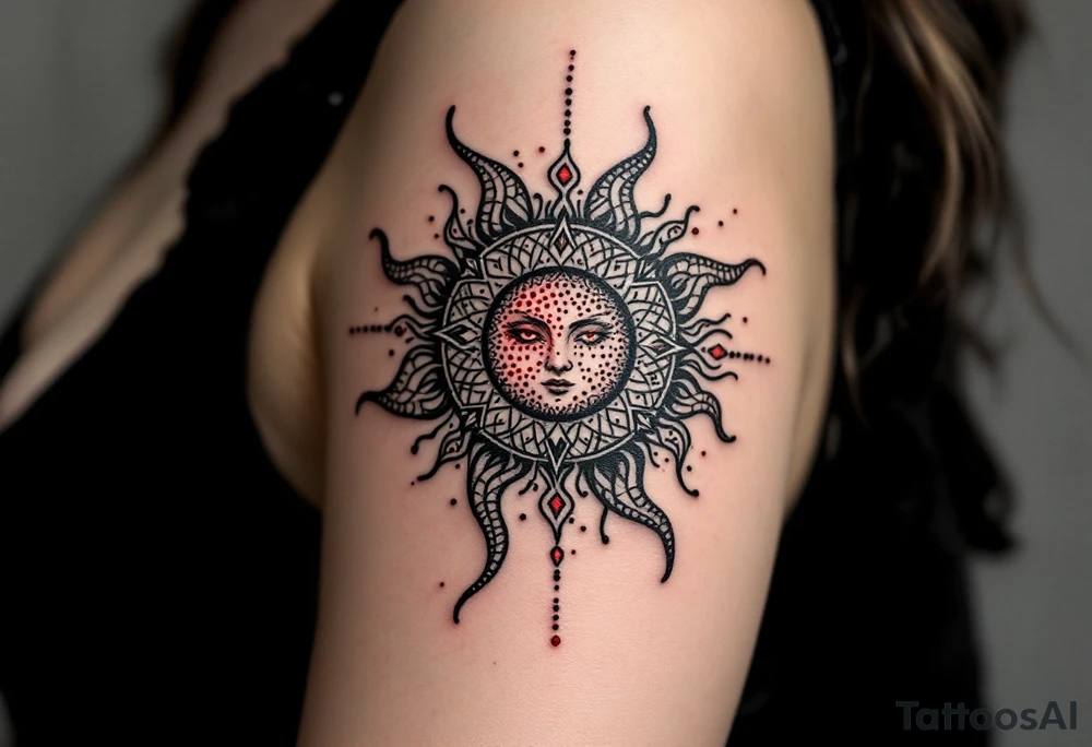 This black-and-grey Celtic sun tattoo with crimson dotwork evokes mysterious solar magic. tattoo idea
