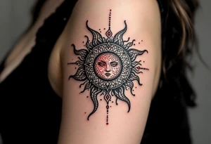 This black-and-grey Celtic sun tattoo with crimson dotwork evokes mysterious solar magic. tattoo idea