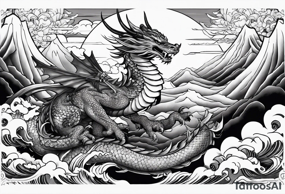 beautiful warrior nymph riding a dragon and the background will be mountains, clouds, and a Japanese building tattoo idea