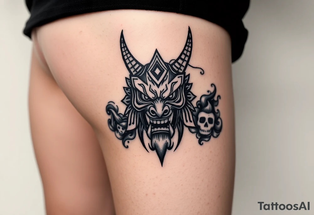 Oni mask surrounded by smoke tattoo idea