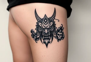 Oni mask surrounded by smoke tattoo idea