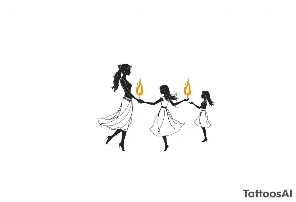 Silhouette of a mother passing 2 flames to two daughters tattoo idea
