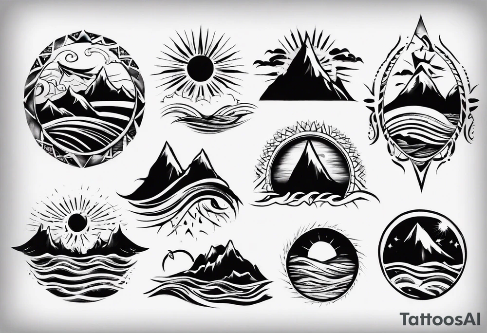 mountains, beach, waves, sun tattoo idea
