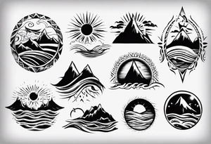 mountains, beach, waves, sun tattoo idea