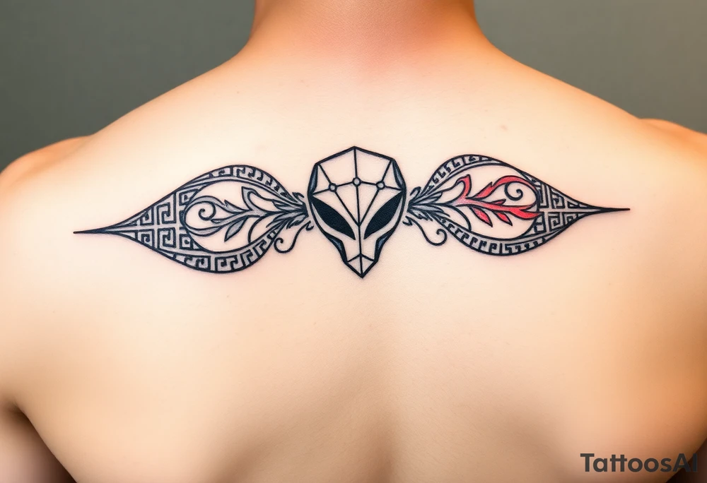 "Ultra-thin horizontal tattoo band (ratio 10:1), black and red line art. Seamless fusion of:  
- Greek meander pattern,  
- Neo-tribal sharp angles,  
- Chinese dragon scales (black) and phoenix feathers (red),  
- Alien head as abstract geometric symbol (3 lines + 2 dots, resembling ancient petroglyph).  

Hidden details: Bagua trigrams in corners. Alien symbol integrated into meander like a subtle glyph — no facial features, only minimal shapes.  

Style: sacred geometry, dotwork tattoos, ancient Greek pottery motifs. All elements balanced — nothing dominant. NO realism, NO aggression, pure symbolism." tattoo idea