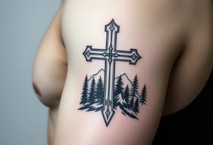 russian christian orthodox cross with the diagonal line at the bottom with a light forrest with a light mountainous setting tattoo idea