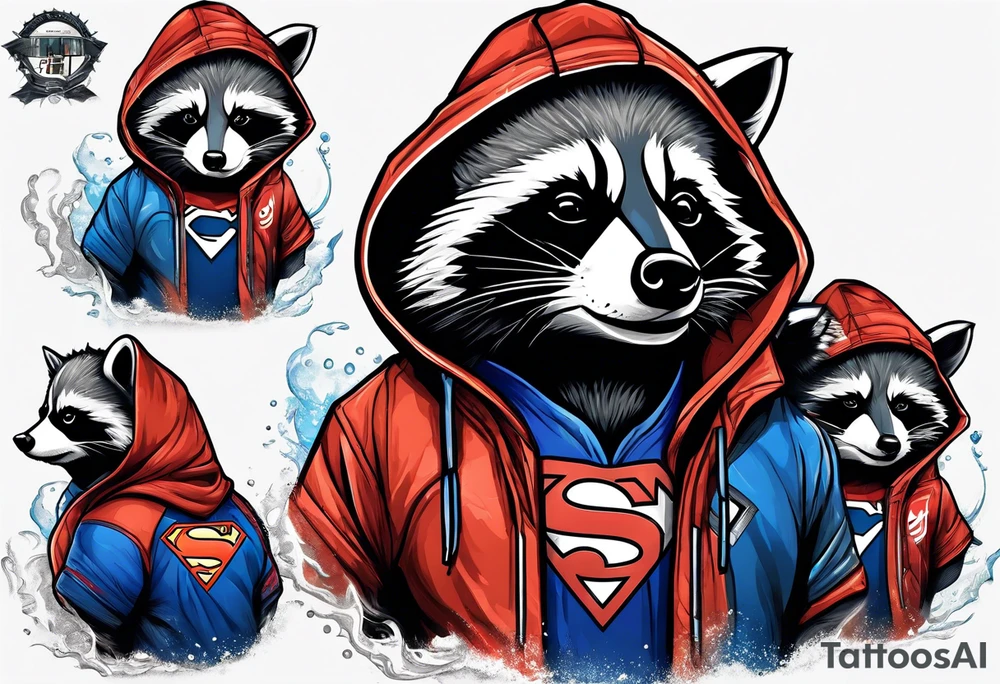raccoon wearing a Superman hoodie tattoo idea