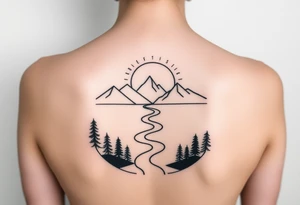 mountains. river and sunrise, let it all be inside one circle. draw a line and divide the circle into two parts, let one part be like day and the other part like night tattoo idea