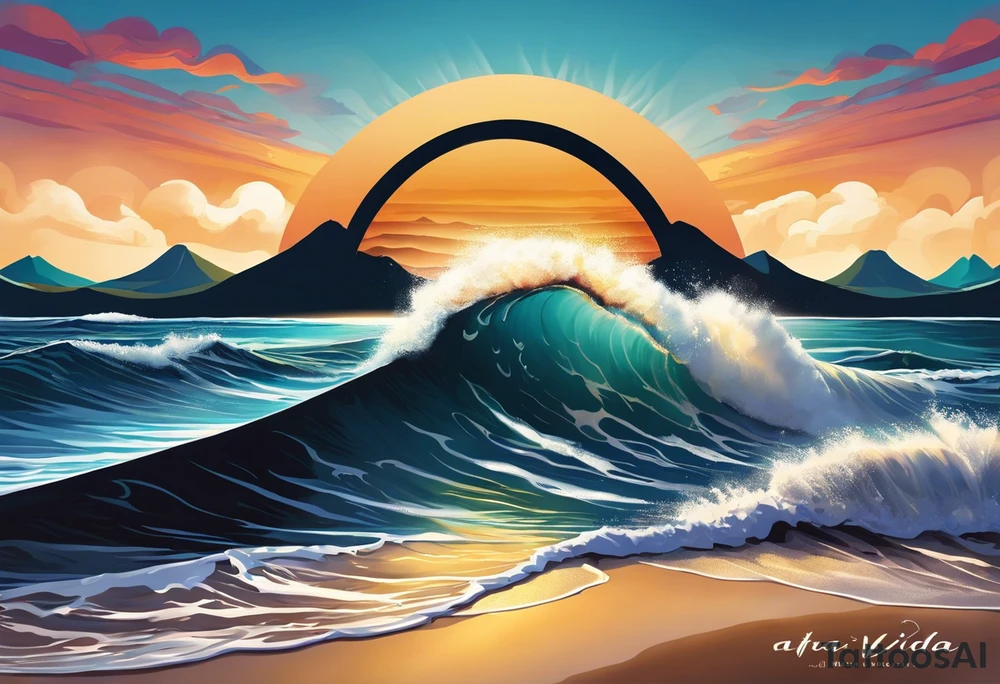 The letters "Pura Vida" forming the gentle curves of ocean waves, with the "i" in "Vida" extending into a mountain peak. The sun could be subtly incorporated above the letters. It creates a harmonious blend of nature and the phrase. tattoo idea