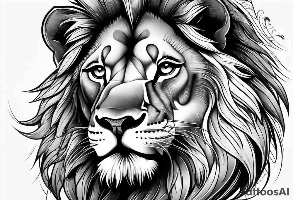 Half lion face ornate black and grey tattoo idea