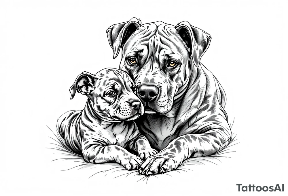 Pitbull mom and pup cuddling, warm brown tones with soft blending, delicate linework around eyes and noses for emotion. tattoo idea