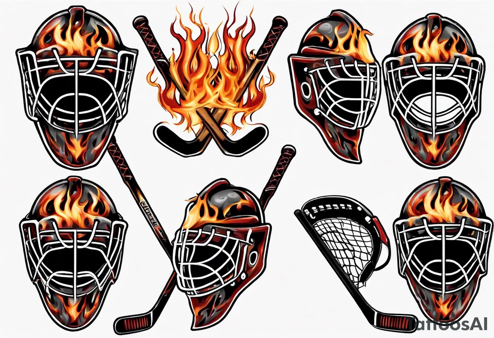 a goalie mask and crossed hockey sticks with flames that says "SHOT HOCKEY" tattoo idea
