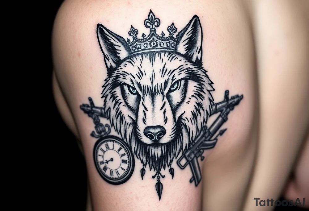 “A detailed black and gray tattoo design featuring a wise wolf head with intense eyes, surrounded by a broken crown, an antique pocket watch with Roman numerals, and a compass pointing north. Subtle AK-47 silhouette elements are blended in the background as a symbolic shadow, not aggressive. Realistic style, fine lines, deep shading, placed on the inner forearm.” tattoo idea