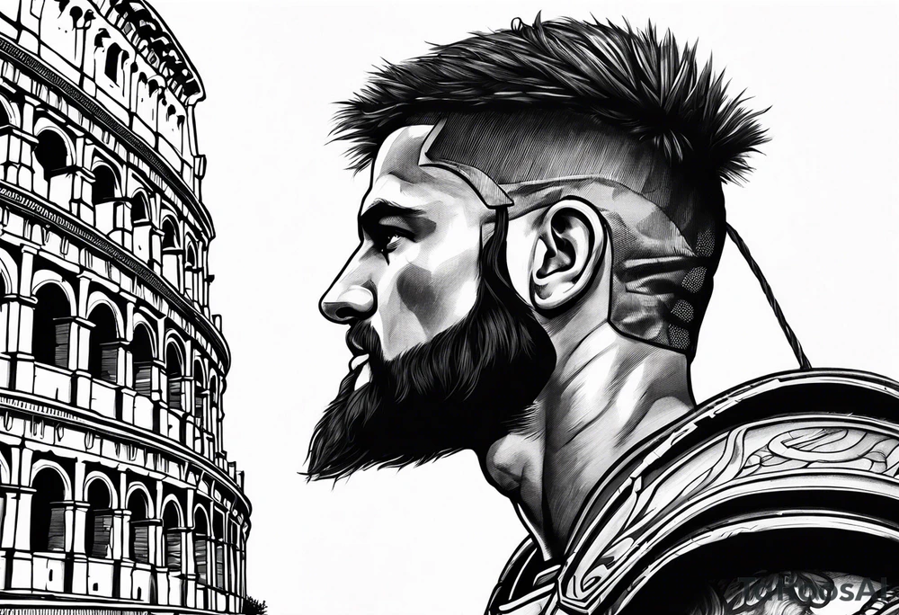 Side profile of spartan soilder looking at distant Roman colosseum tattoo idea