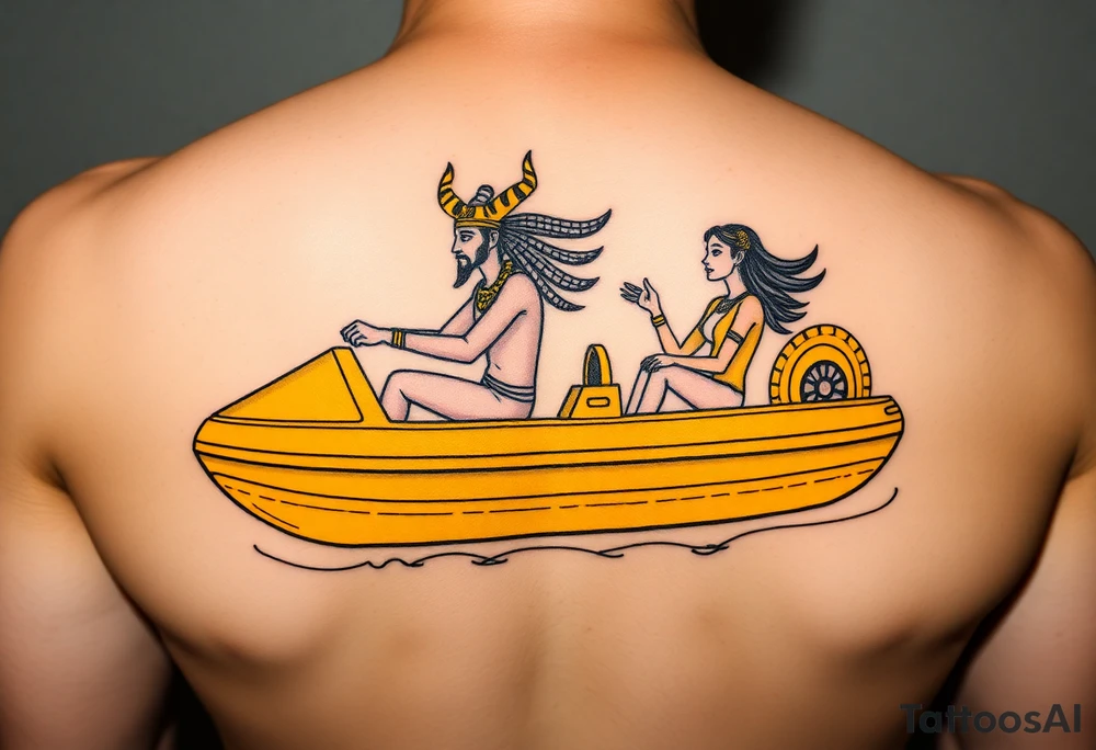 "Anubis driving a yellow Uber-styled solar barge.  
Passengers:  
- Голый Пикассо (из «Ампир V»)  
- Алиса (с табличкой 'Аид – 5★')  
Meter reads: *'SOUL: 4.8 rating (would not reincarnate)'*.  

Style: Urban hieroglyph. Black/yellow. Calf." tattoo idea