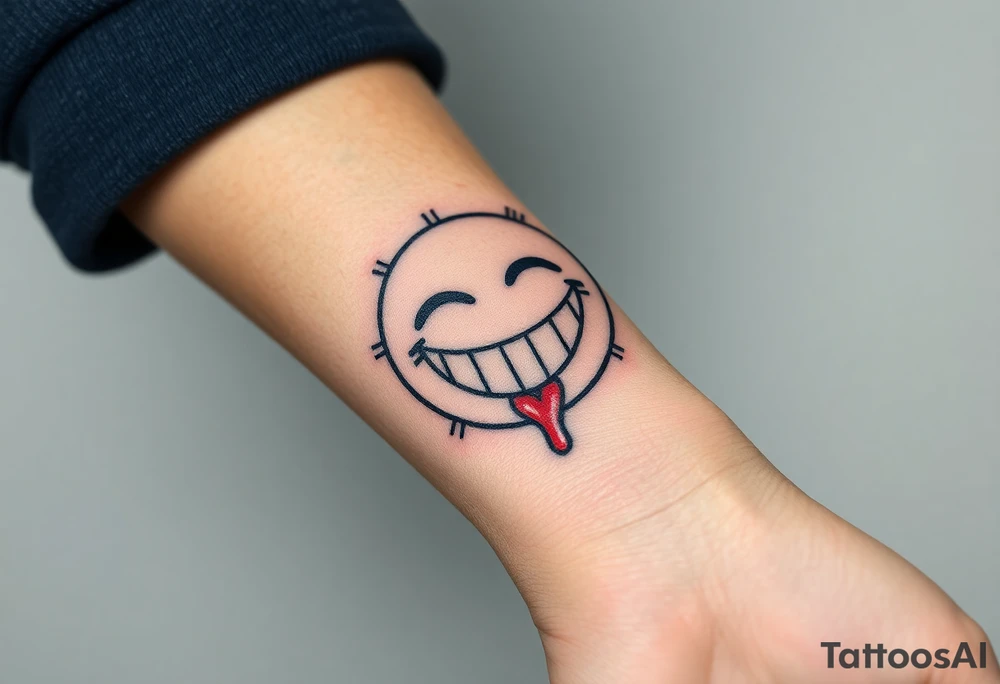 Laughing emoji with realistic stitching on its face leaking blood tattoo idea