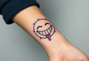 Laughing emoji with realistic stitching on its face leaking blood tattoo idea