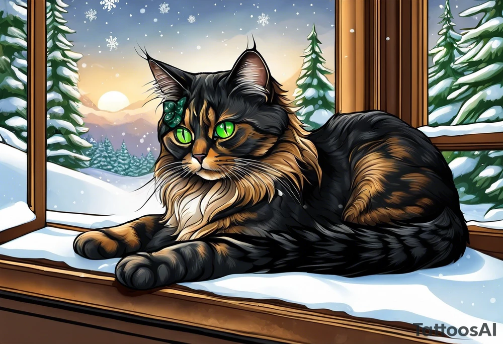 a tortishell cat with colors black, tan,and grey. Green eyes. the cat is laying in a window with snow in the background. the cat has wings and a halo tattoo idea