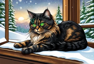 a tortishell cat with colors black, tan,and grey. Green eyes. the cat is laying in a window with snow in the background. the cat has wings and a halo tattoo idea