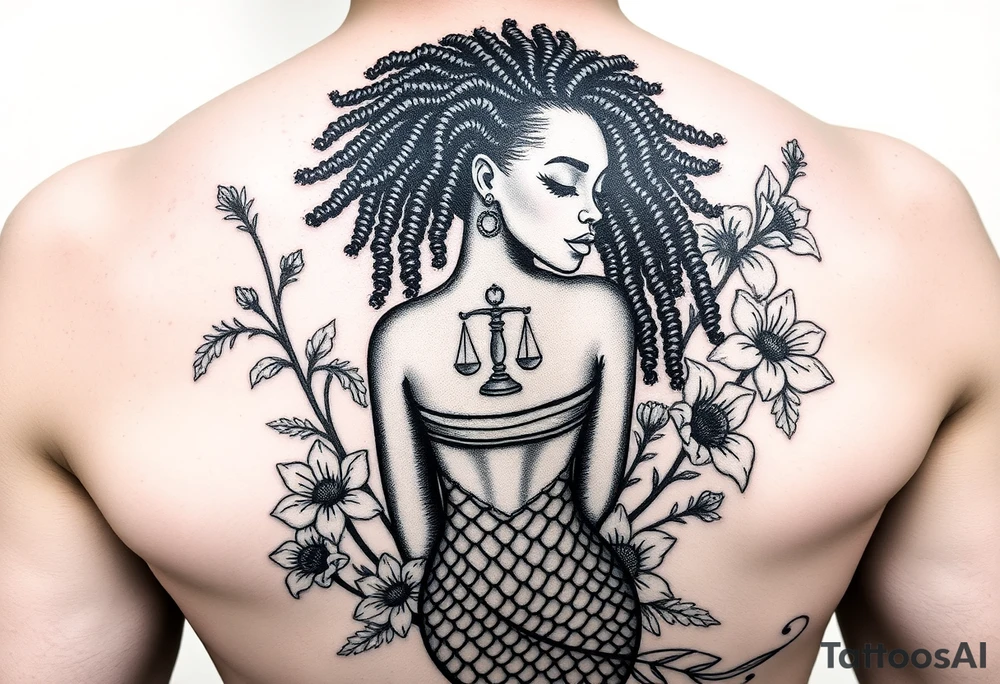 Mermaid, black woman, garden, and flowers, libra, hairstyle of loc include libra symbol tattoo idea