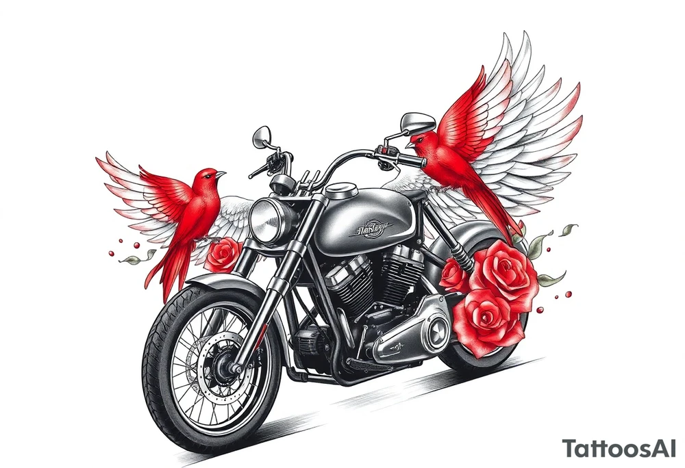 Harley grey motorcycle driving away, two red birds flying, roses, flames, angel wings tattoo idea