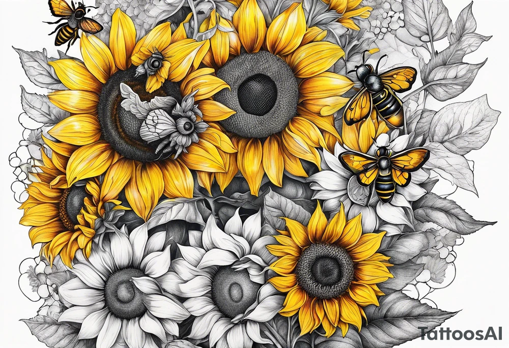 Sunflowers, bumblebees, honeycombs, sexy, elegant, vibrant tattoo idea