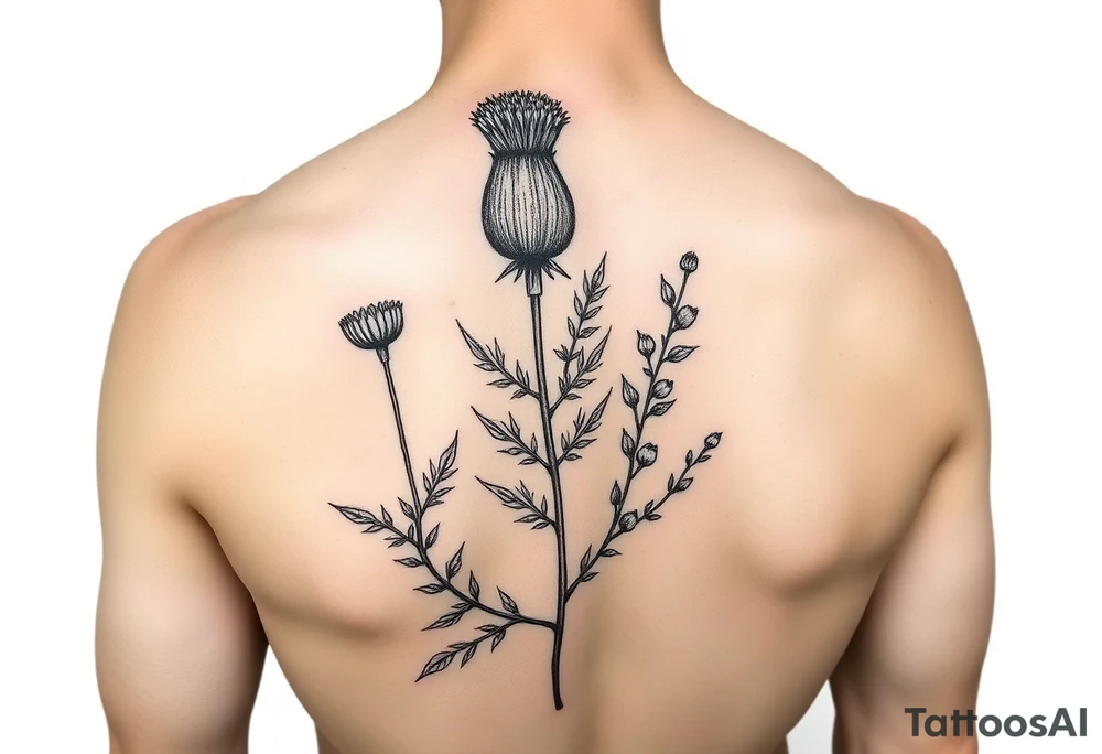 small botanical drawing of scottish thistle, olive branch/olive, and cat nip for a wrap around wrist tattoo as one plant - make it vine-like? tattoo idea