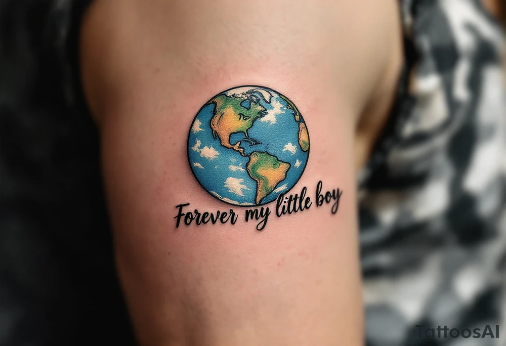 A delicate script quote like “Forever my little boy” with the planet Earth placed above the quote. tattoo idea