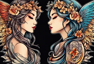 angel girl on right side whispering, devil girl on left side whispering, with rays of sun and clouds. Organ pipes center tattoo idea