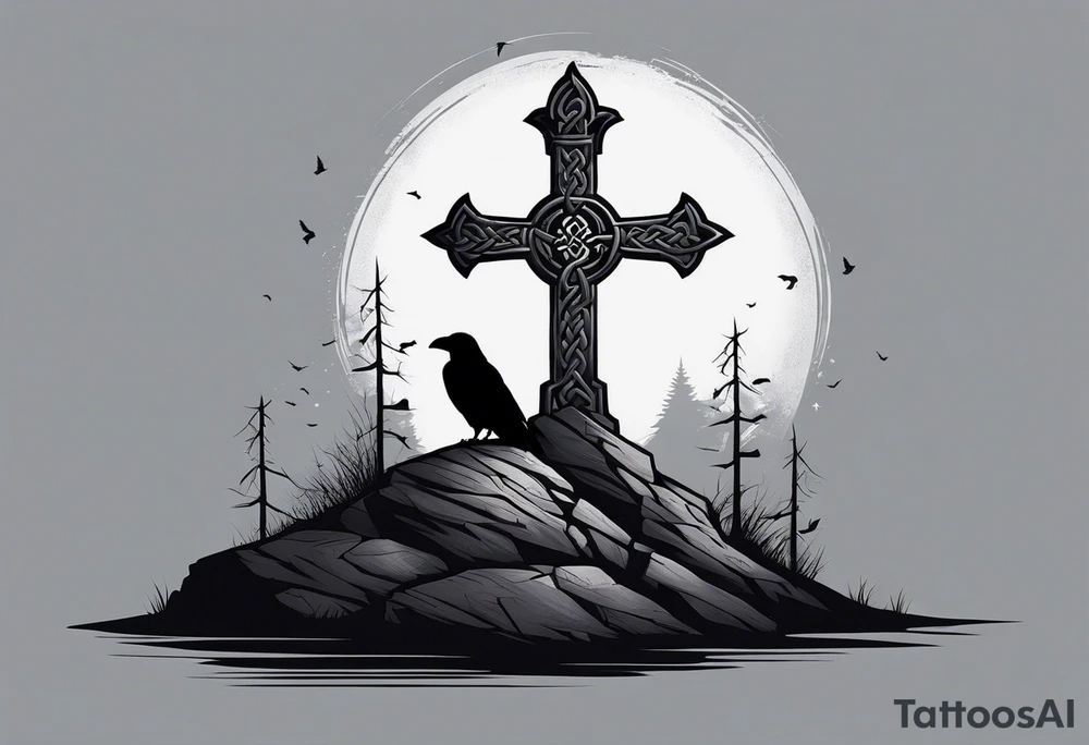 A stone Celtic cross solemnly standing atop a hill, a raven perches atop the cross staring out over the desolation. A ruined stone wall lies crumbling near the cross. Mist rolls along the hilltops adding to the melancholic nature of the scene tattoo idea