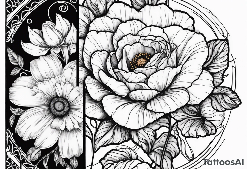 A vintage vertical design of a single daisy and a single rose with gladiolus flowers and poppies weaving through the daisy and rose tattoo idea