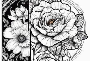 A vintage vertical design of a single daisy and a single rose with gladiolus flowers and poppies weaving through the daisy and rose tattoo idea