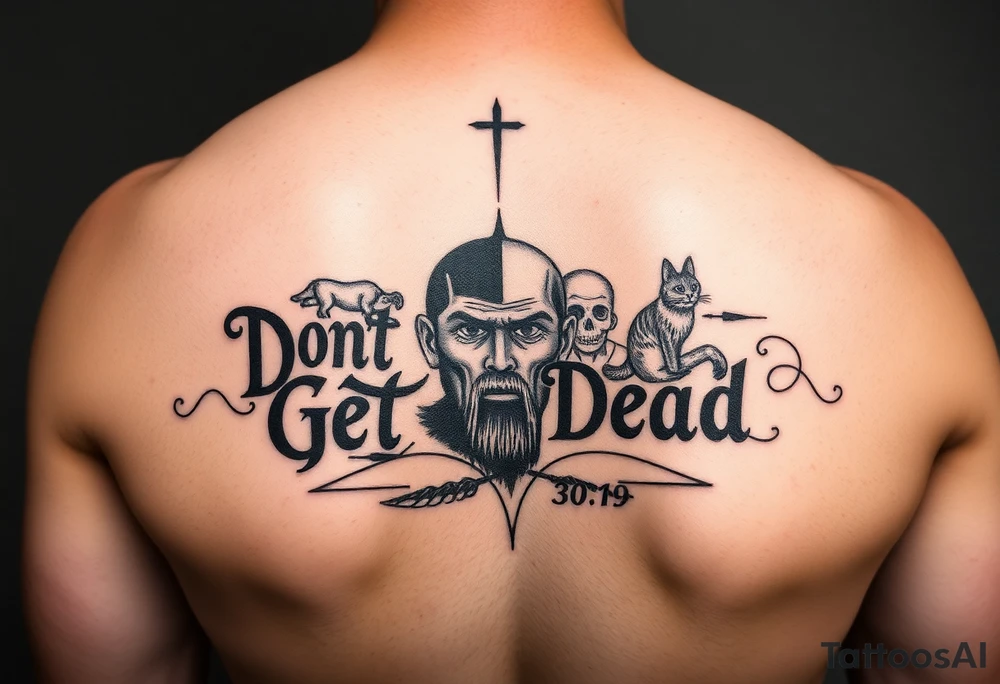 I want a cool design that includes the words “Don’t Get Dead” and includes the scripture reference Deuteronomy 30:19. Also I want something representing each of the 4 members of my family. I want it to go on my forearm tattoo idea