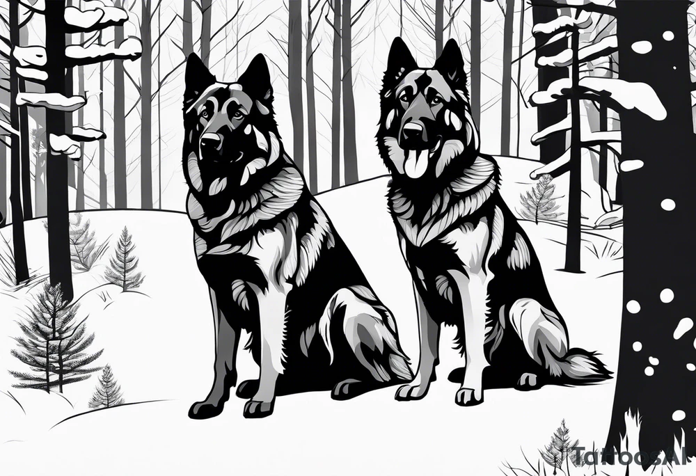 two norwegian elkhounds guarding a dark forest make the forest in the background tattoo idea