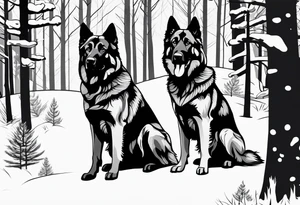 two norwegian elkhounds guarding a dark forest make the forest in the background tattoo idea