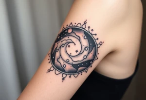A photorealistic galaxy themed tattoo, bordered with a oval shaped frame full upper arm tattoo idea