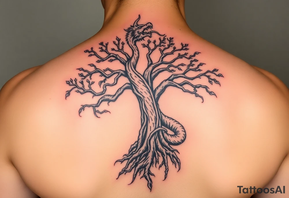 tree of life with a dragon encircling it. the trees roots are absorbing the dragons tale while the dragon eats the top of the tree tattoo idea